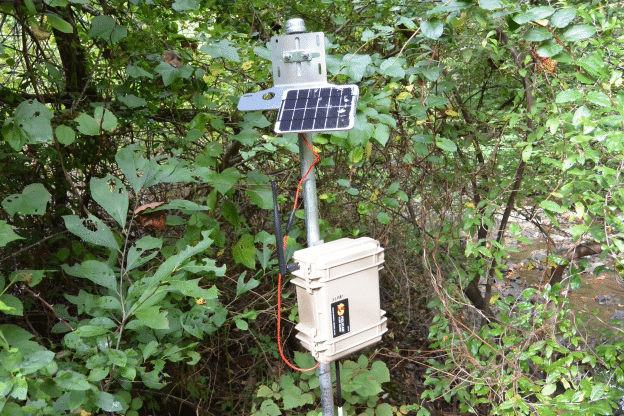 A Mayfly sensor station deployed in a stream.