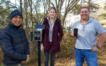 Shannon Hicks and the EPA team deploying the sensing-grading-recording system for rooftop runoff in Athens, Ga., in 2024.