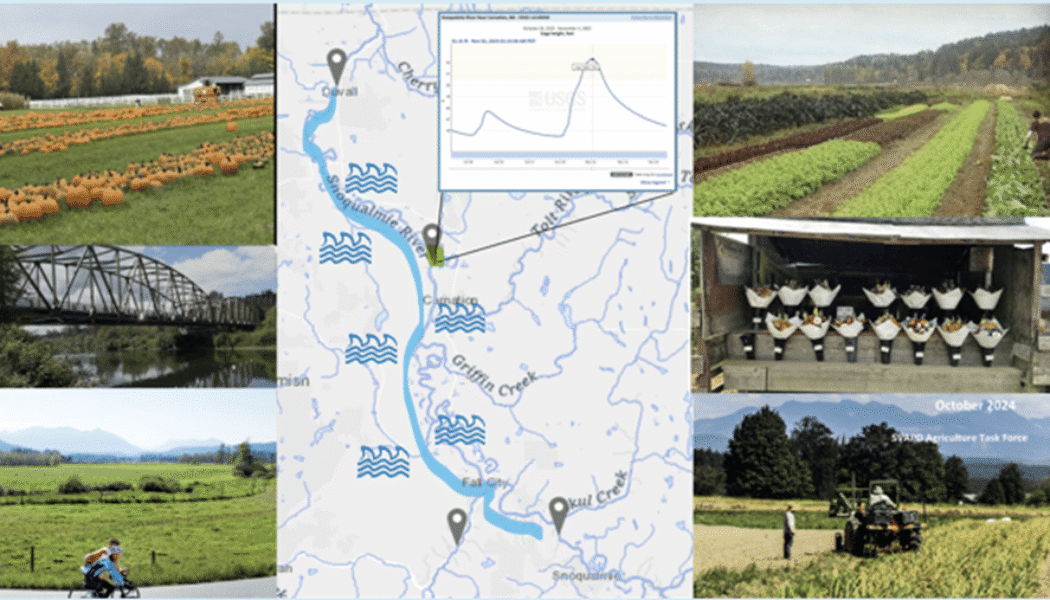A compilation of photographs showing land use, recreation, and infrastructure in the Snoqualmie Valley, along with a map of water level monitoring locations.