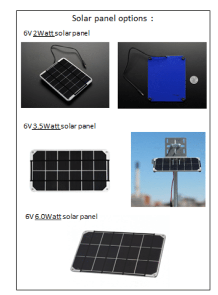 Solar panels available for use in charging sensor station batteries: 6V 2Watt, 6V 3.5Watt, and 6V 6Watt panels.