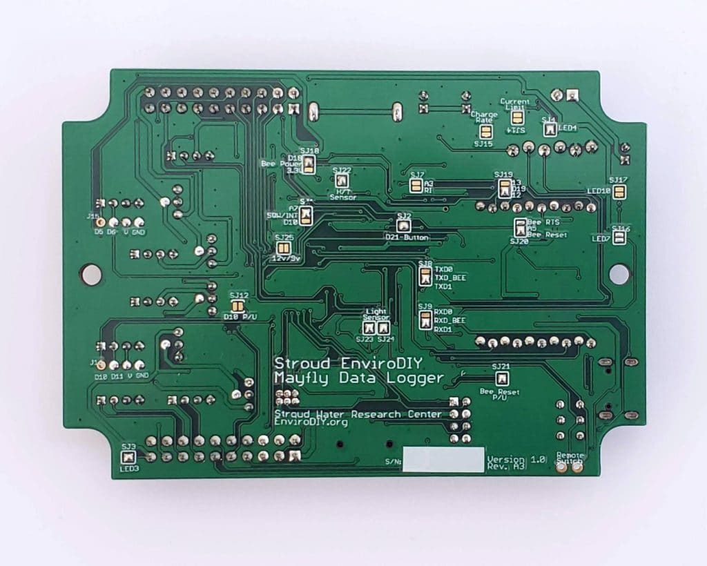 Photo of the back of the EnviroDIY Mayfly Data Logger version 1.0