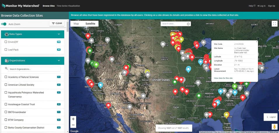 The Monitor My Watershed Browse sites page showing over a thousand map markers indicating sites with environmental monitoring data.